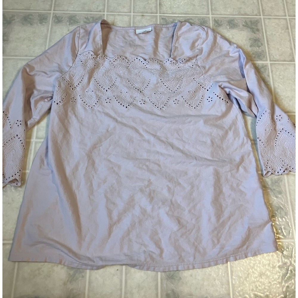 J. JILL 3/4 BELL SLEEVE EYELET LACE Cottagecore Medium PURPLE TOP Boho